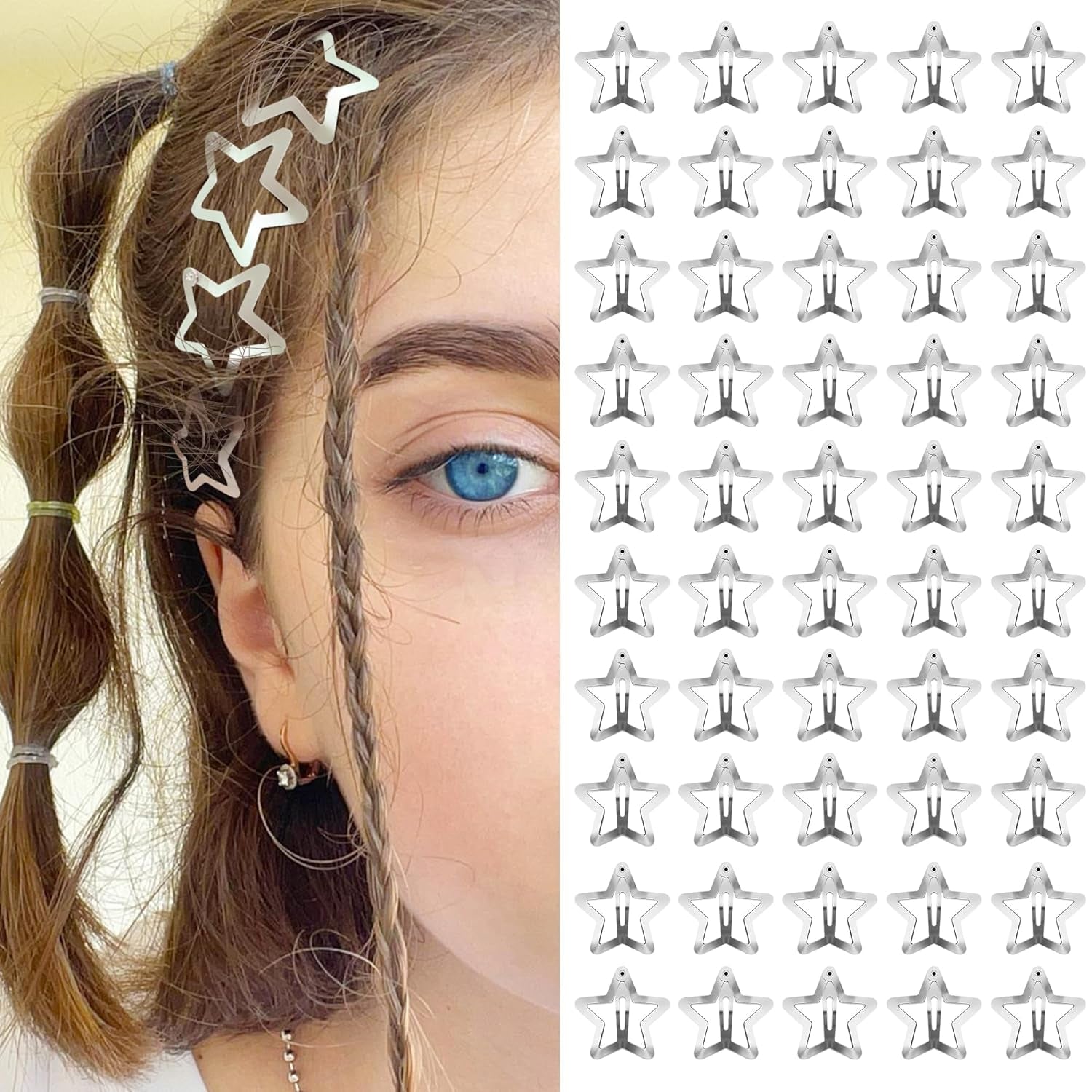 Star Hair Clips 2000S Y2K Snap Hair Barrettes Non Slip Star Hair Accessories Silver Metal Hair Clips for Girls Women -15 PCS 1.57"