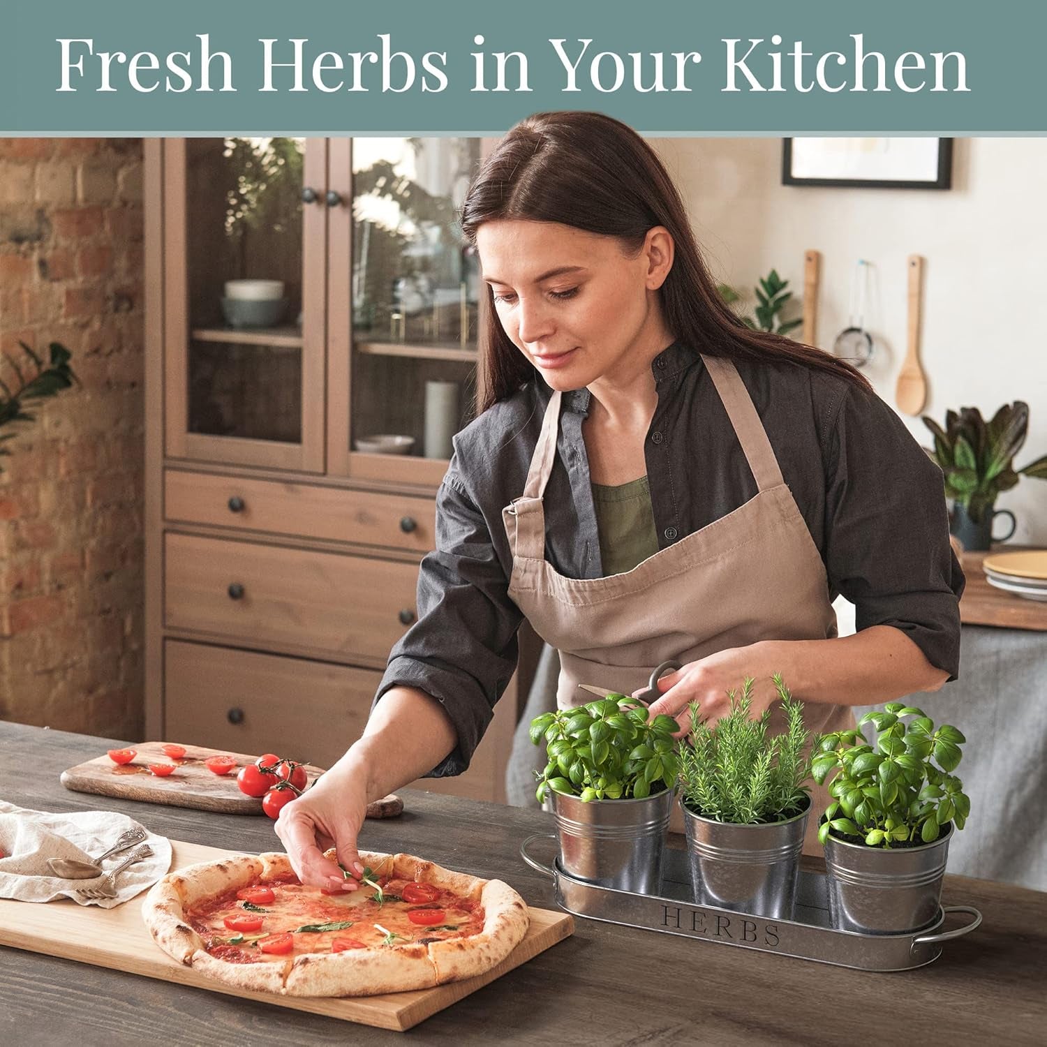 Indoor Herb Garden Planter Set with Tray, Metal Windowsill Plant Pots with Drainage for Outdoor or Indoor Plants, Set/3 (Galvanized)