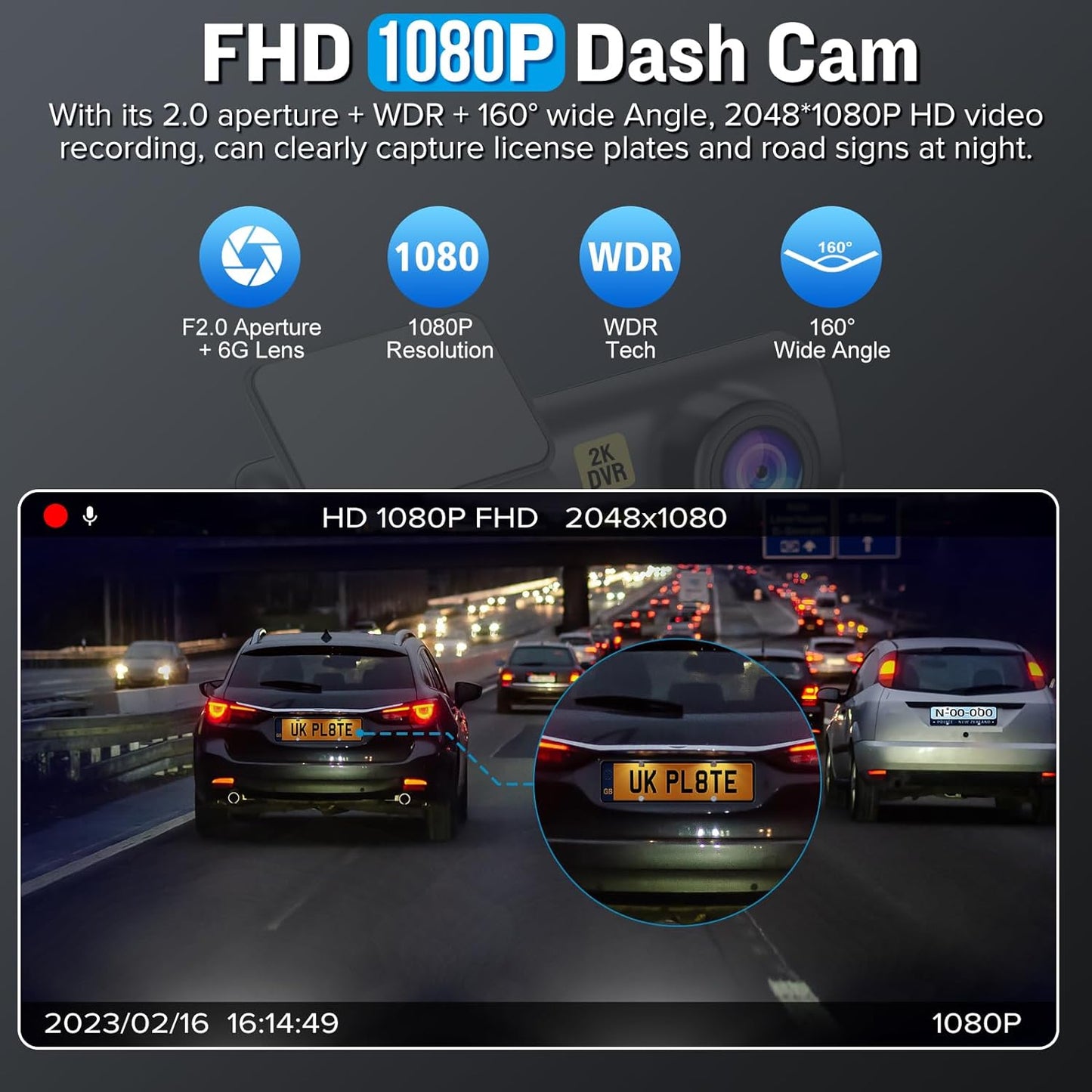 Dash Cam, 2K Dash Camera for Cars Wifi FHD, Mini Car Camera, Dash Cam Front with Free 64GB SD Card, 160° Wide Angle, Loop Recording, Night Vision, 24H Parking Monitor, Support 128GB Max