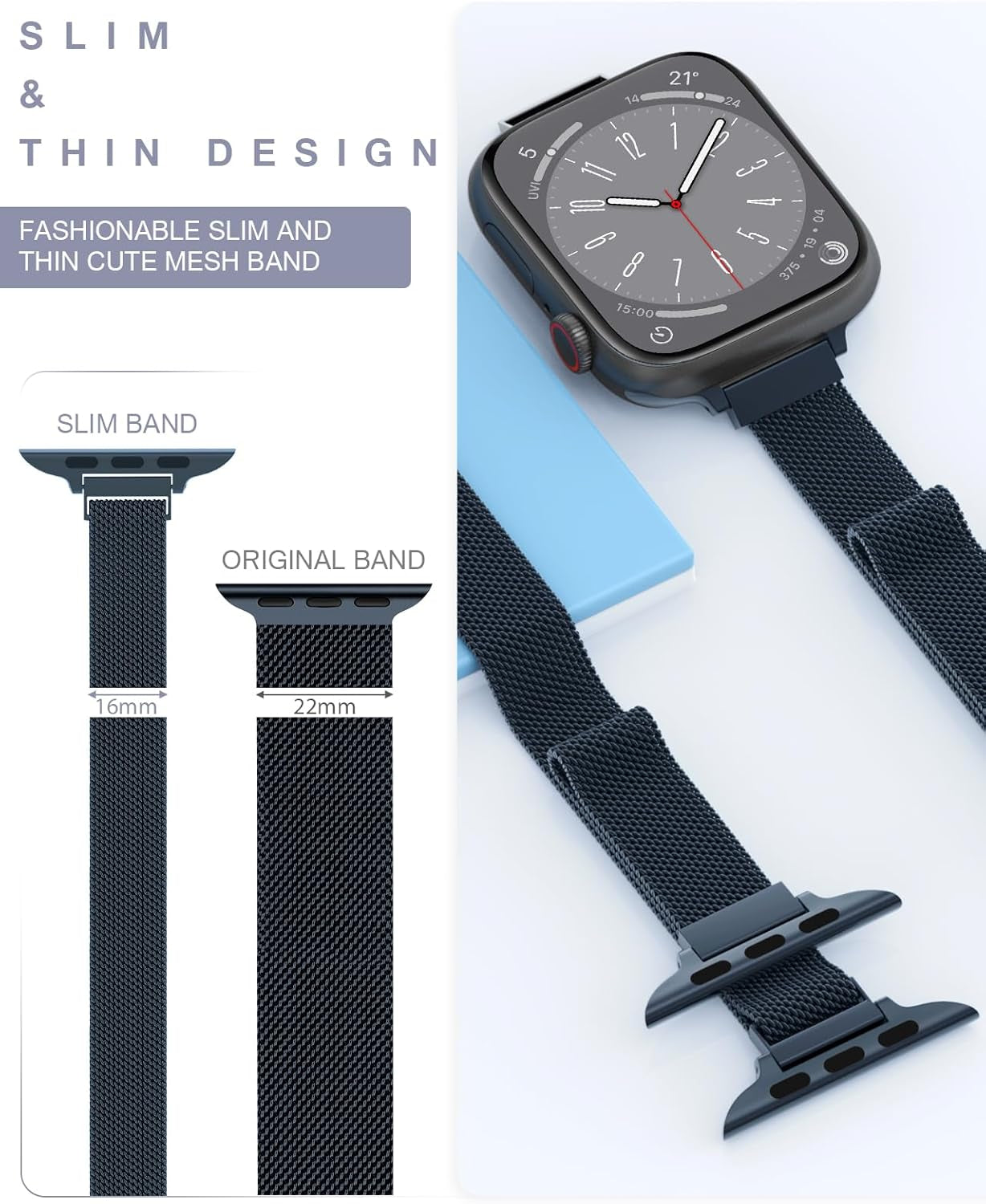 Slim Watch Band Compatible with Apple Watch Band 38Mm 40Mm 41Mm 42Mm 44Mm 45Mm 49Mm Women & Men, Stainless Steel Mesh Loop Magnetic Clasp Replacement for Iwatch Bands Series 9,Ultra 2, SE, Ultra Series 8 7 6 5 4 3 2 1 (Midnight, 41Mm/40Mm/38Mm)