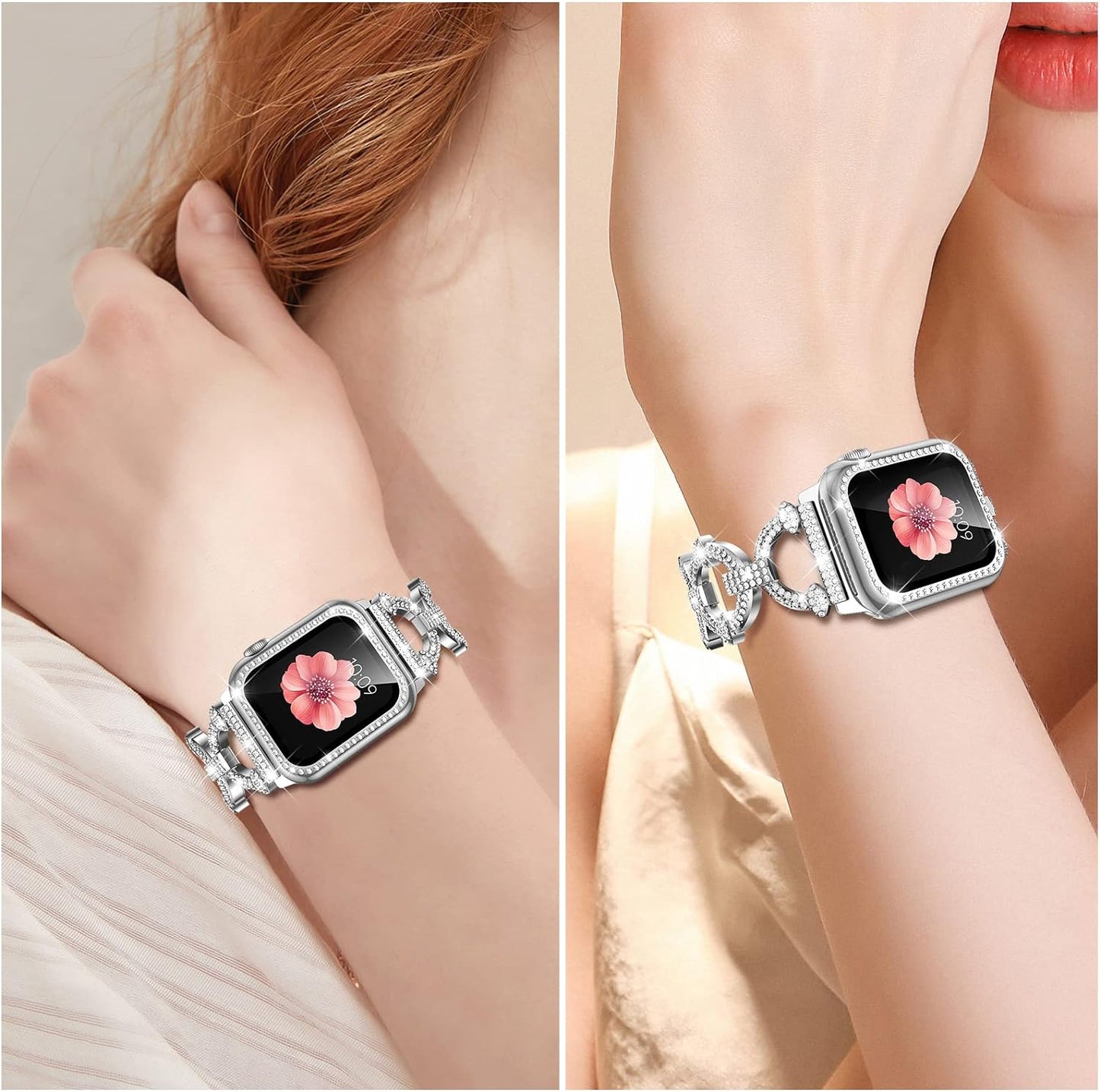 Compatible with Apple Watch Band 38Mm 40Mm 41Mm 42Mm 44Mm 45Mm , Women Girl Bling Diamond Jewelry Metal Strap Bands with Crystal Tempered Glass Screen Protector Case, round Shiny Bracelet Wristband for Iwatch Series 9/8/7/6/5/4/3/2/1/SE
