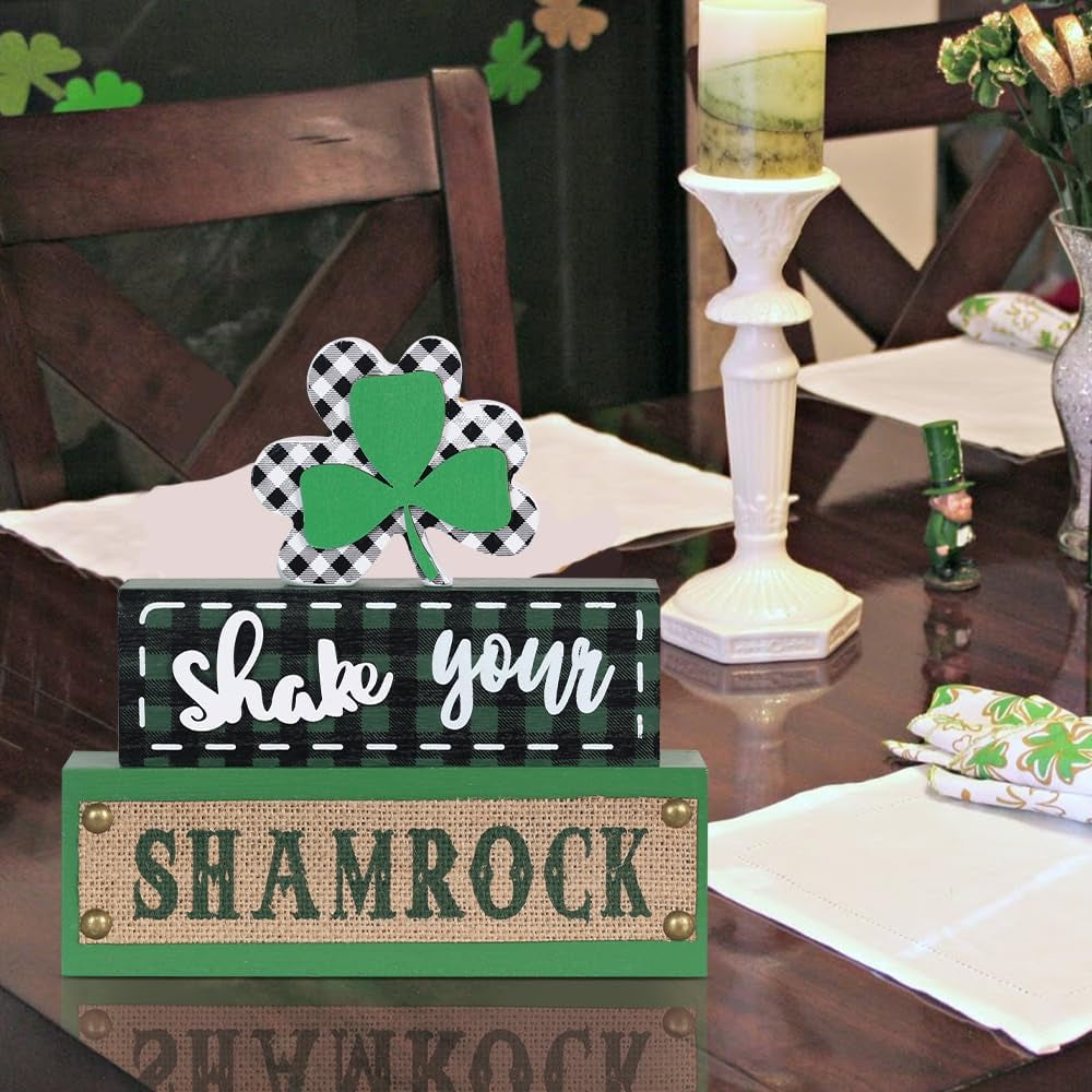St Patricks Day Decorations,  3-Layered Shamrock Wood Block St Patricks Day Decor, Shamrock Ornaments Shake Your SHAMROCK Sign Saint Patricks Day Decorations for the Home, Table, Mantel