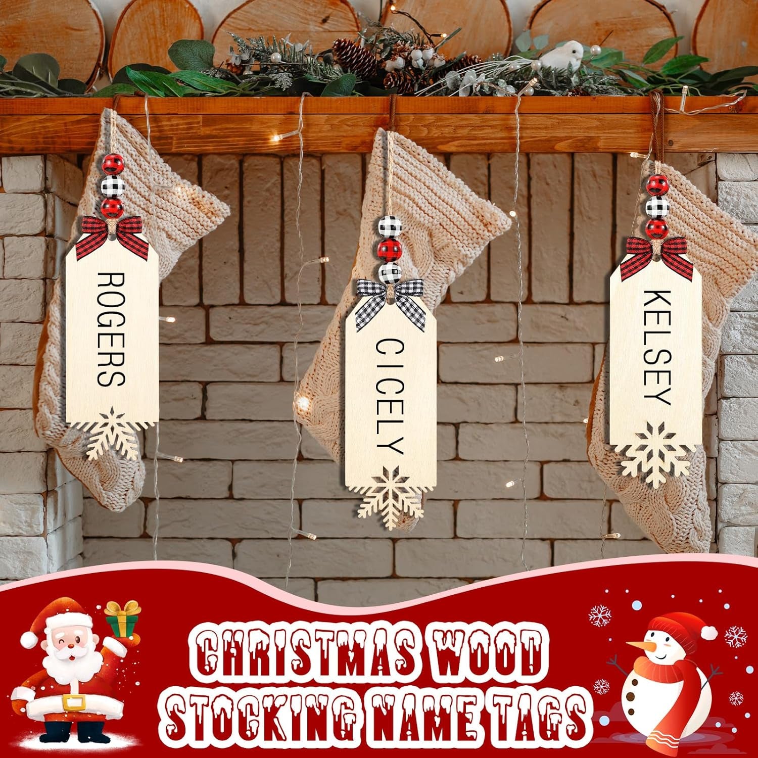 12 Set Christmas Stocking Name Tags Xmas DIY Wooden Name Signs Includes Tags Wood Beads and Bow Christmas Ornaments for Christmas Stockings Home Farmhouse Decor (Snowflake)