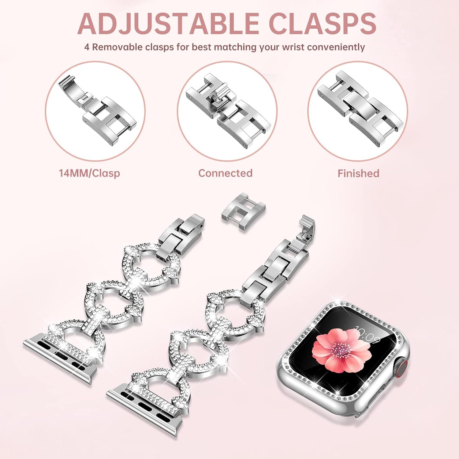 Compatible with Apple Watch Band 38Mm 40Mm 41Mm 42Mm 44Mm 45Mm , Women Girl Bling Diamond Jewelry Metal Strap Bands with Crystal Tempered Glass Screen Protector Case, round Shiny Bracelet Wristband for Iwatch Series 9/8/7/6/5/4/3/2/1/SE