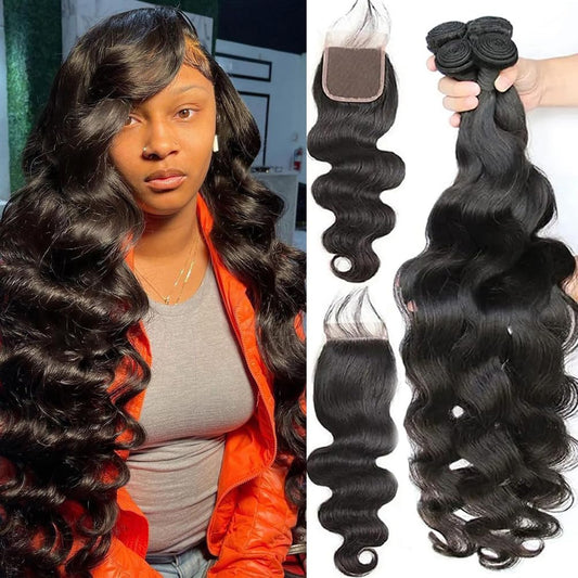 Body Wave Bundles with Closure Human Hair 3 Bundles with Closure(16 18 20+14) Brazilian Body Wave 100% Unprocessed Virgin Human Hair Bundles with 4X4 Lace Closure Free Part Natural Color for Black Wom