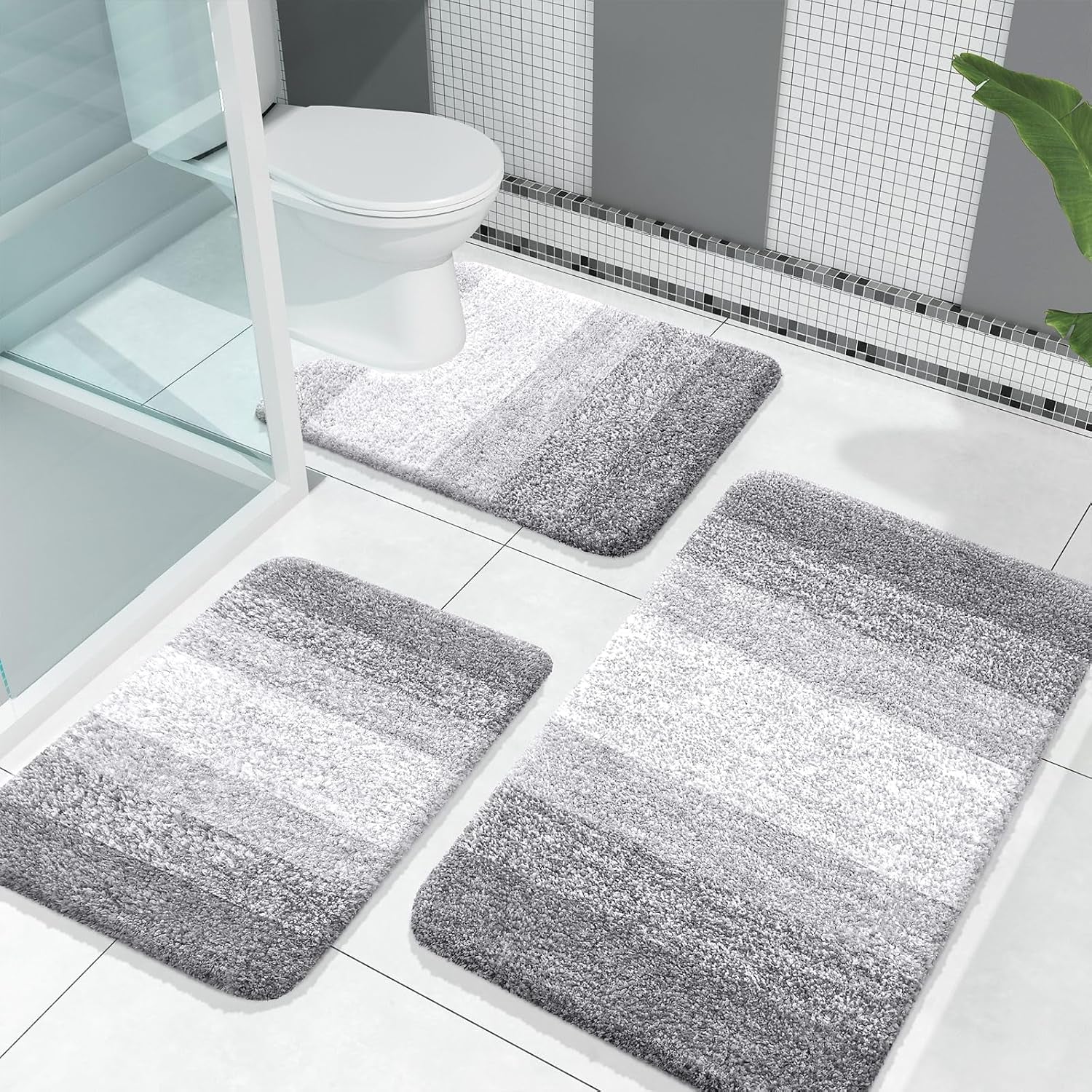 Bathroom Rugs Sets 3 Piece, Soft Absorbent Microfiber Bath Rugs and U-Shaped Contour Toilet Rug Area Rug Set, Non-Slip Bath Carpet, Home Decor Accessories, Bath Mat Set for Bathroom, Black