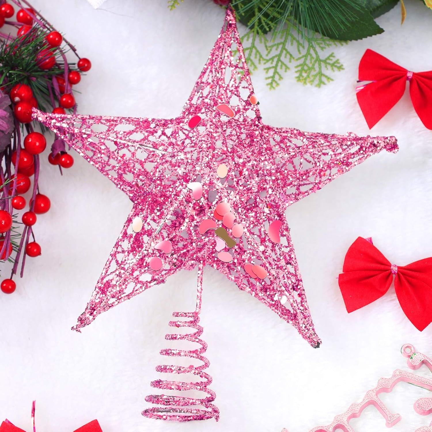 Glittered Christmas Tree Topper Metal Christmas Treetop Hallow Wire Star Topper for Christmas Home Decoration (8 Inches, Pink)