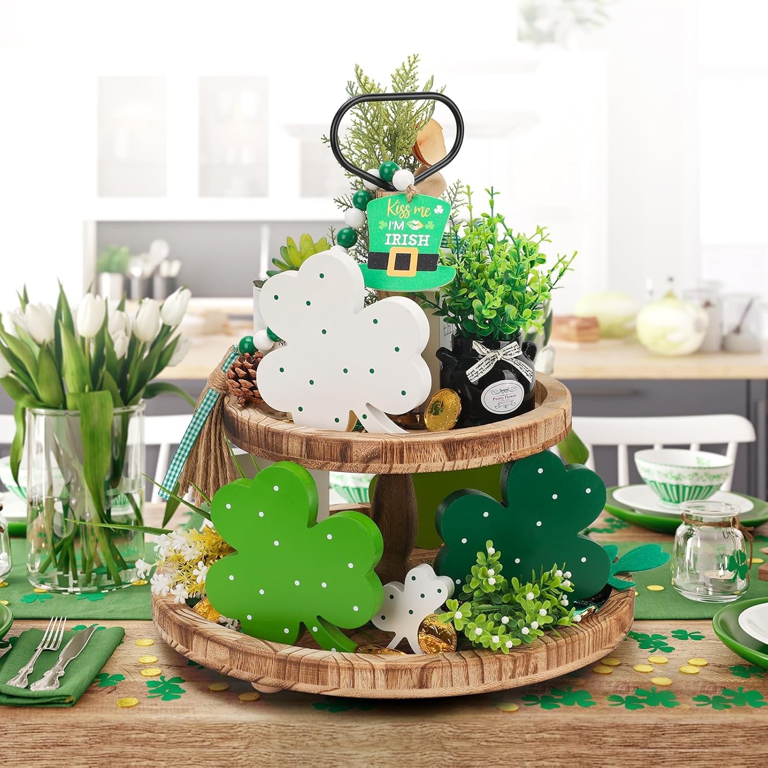 St Patricks Day Decor, Wooden Shamrock Decor for Table, Tiered Tray, Office Desk, Mantle Saint Patricks Day Decorations for the Home, 4 PCS Shamrock Decorations