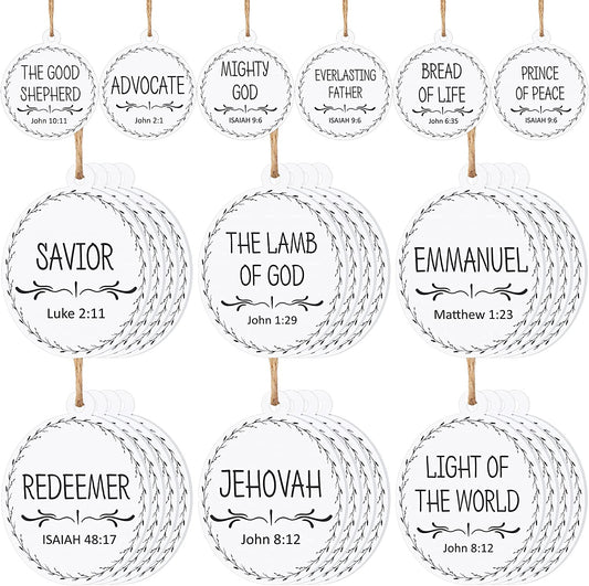 Names of Jesus Ornaments Christ Christmas Decorations Nativity Set Xmas round Wood Hanging Ornaments with Savior Names Christmas Tree Hanging Name Tag for Church Home(White, 24 Pieces)