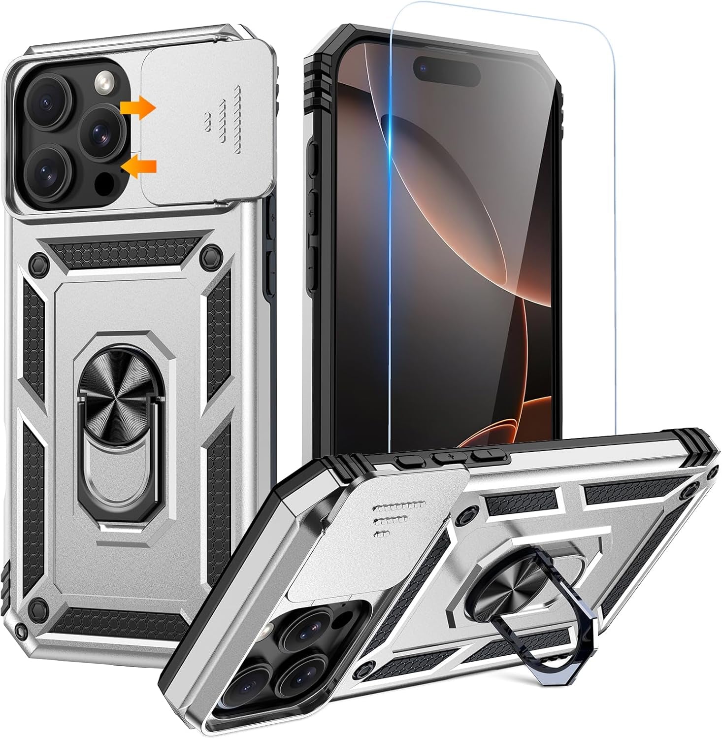 Compatible for Iphone 16 Case with Screen Protector - Slide Camera Cover Protective Phone Case with Ring Stand, Heavy Duty Shockproof Rugged Bumper for Iphone 16 Accessories Blue