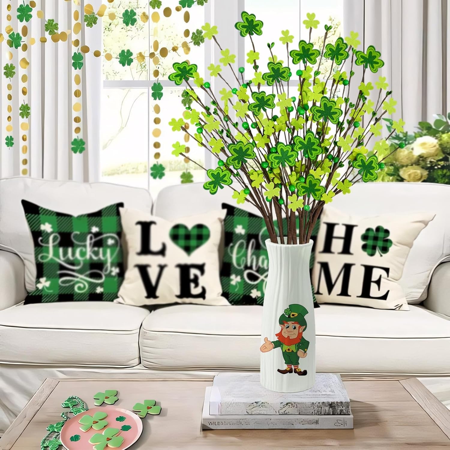 6Pcs St Patricks Day Decorations, 23.8" Artificial Shamrock Picks Fake Green Berry Stems Clover Flower Floral Branches for Home Party Table Centerpiece St. Patrick'S Day Decor