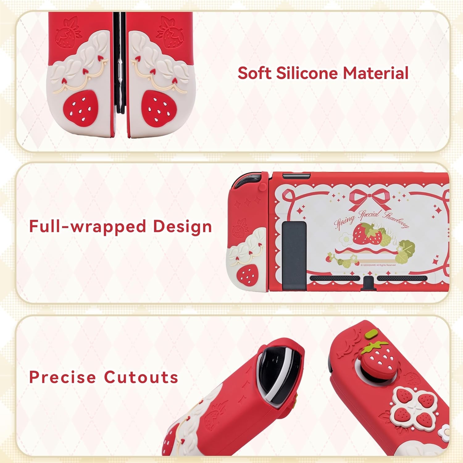 Protective Case for Switch Slim Cover Case Compatible with Switch Separable Soft Silicone Protective Shell for Joy Con with 2 Thumb Grip Caps- Strawberries with Cream