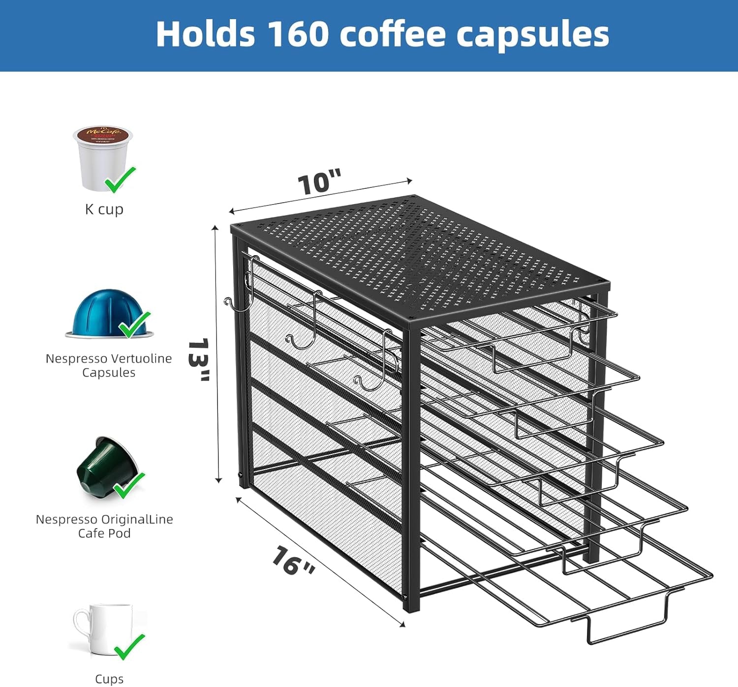5 Tier Coffee Pod Holder for K Cup, 160 Pod Pack Capacity Rack, Metal, Black