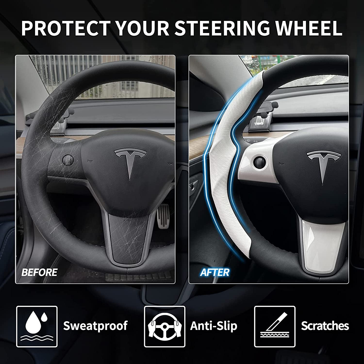 Tesla Model 3 / Y Steering Wheel Cover, Carbon Fiber Tesla Steering Wheel Protector Cover & ABS Steering Wheel Wrap Kit for 2016-2024 Tesla Model 3 / Y Accessories White, Gifts for Tesla Owners