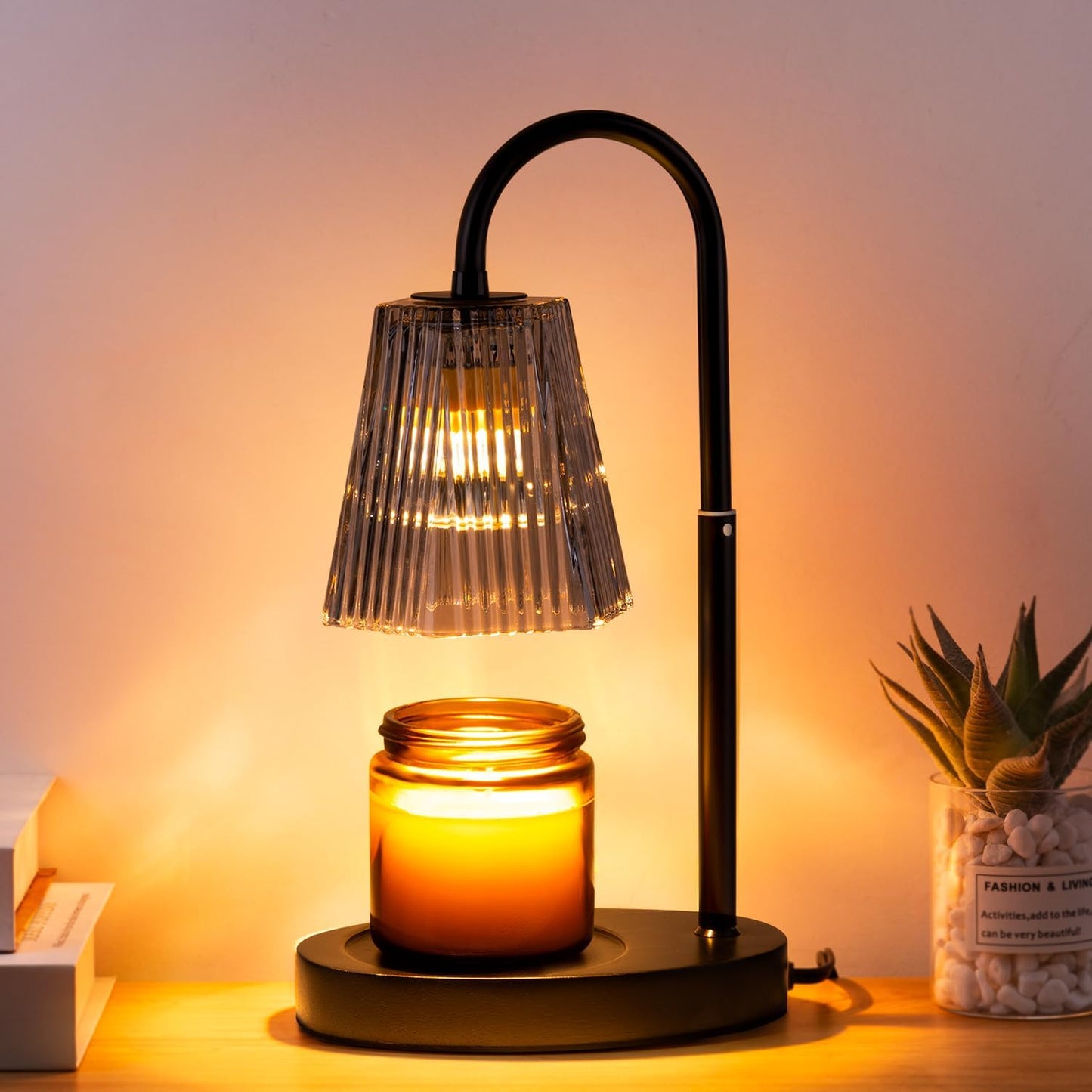 Candle Warmer Lamp with Timer: Electric Candles Wax Warmers Glass Lamps for Jar Candles Burner Adjustable Height and Dimmable Light Modern No Flame Scented Candle Warming Lantern, Amber