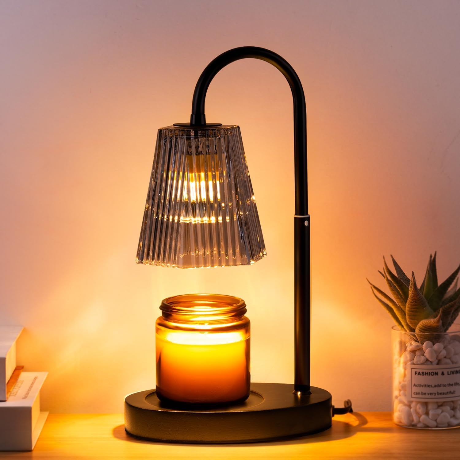 Candle Warmer Lamp with Timer: Electric Candles Wax Warmers Glass Lamps for Jar Candles Burner Adjustable Height and Dimmable Light Modern No Flame Scented Candle Warming Lantern, Amber