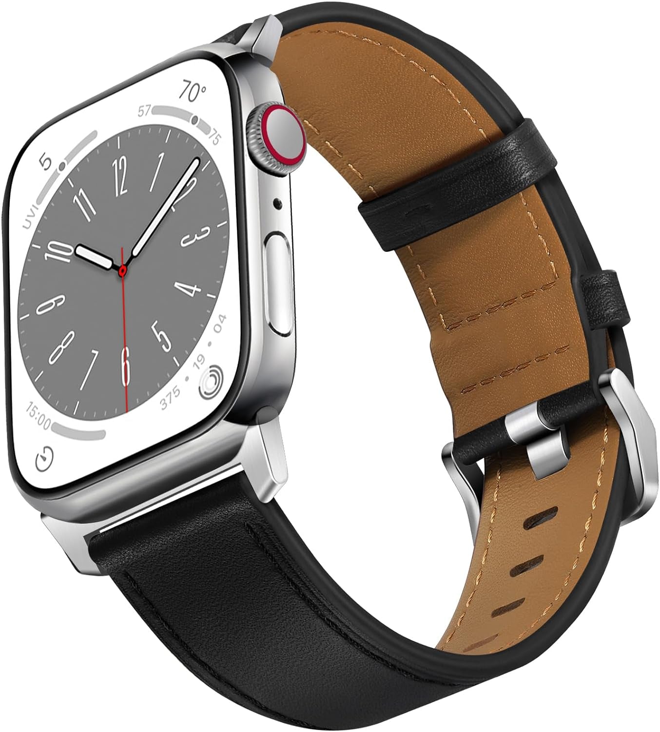 Compatible with Apple Watch Band 41Mm 40Mm 38Mm Men Women, Top Grain Genuine Leather Band Strap for Iwatch Series 9 8 7 6 5 4 3 2 1 SE, Black/Silver