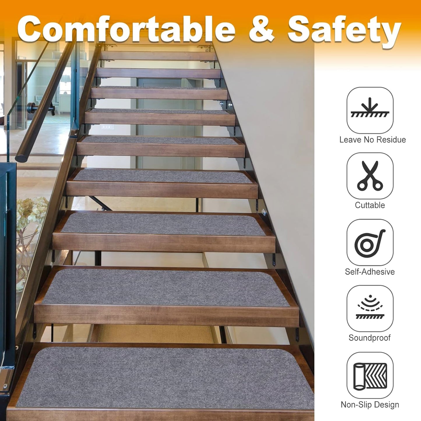 8X30In 15PCS Non-Slip Stair Treads Carpet, Self-Adhesive Stair Treads for Wooden Steps, Indoor Safety Staircase Step Treads, anti Slip Stair Runner Mats for Elders, Kids and Dogs (Light Grey)