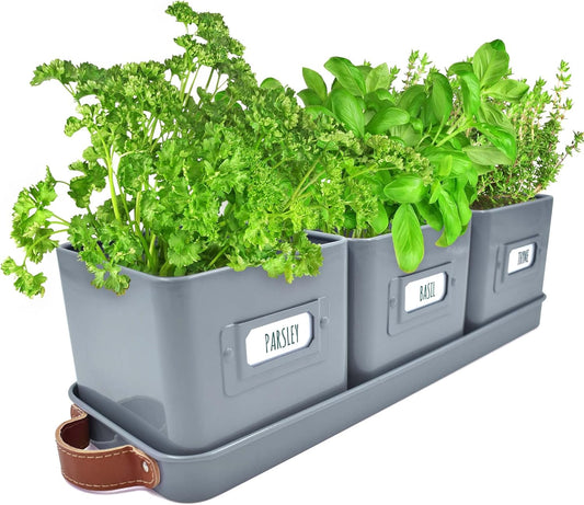 Herb Planter Indoor - Set of 3 Grey Indoor Herb Garden Pots for Plants with Leather Handled Tray - Window Sill Plant Shelf - Herb Pots with Drainage Holes and Labels