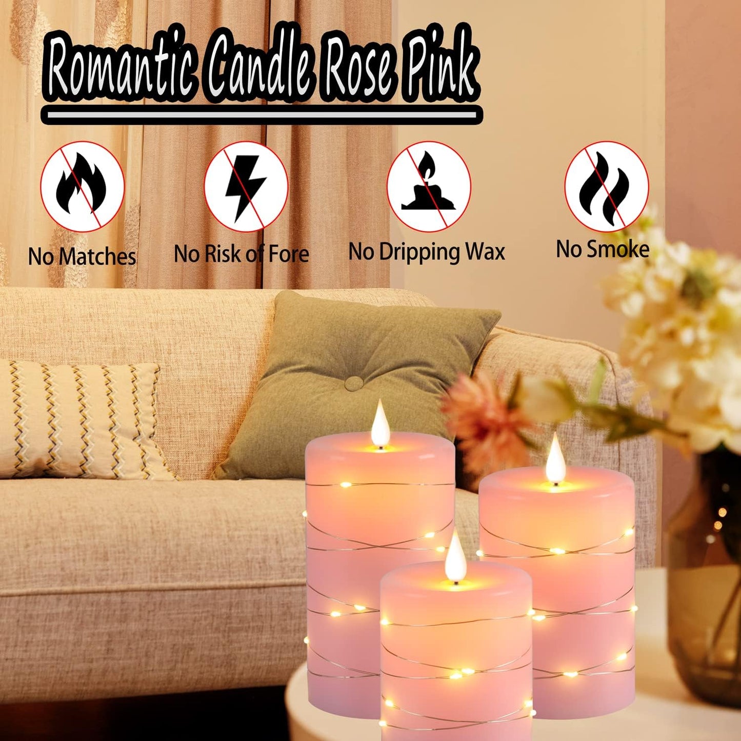 Pink Flameless Candles with String Lights Battery Operated Flickering LED Pillar Candles 4‘’ 5‘’ 6‘’ Candle with Remote Control, Set of 3