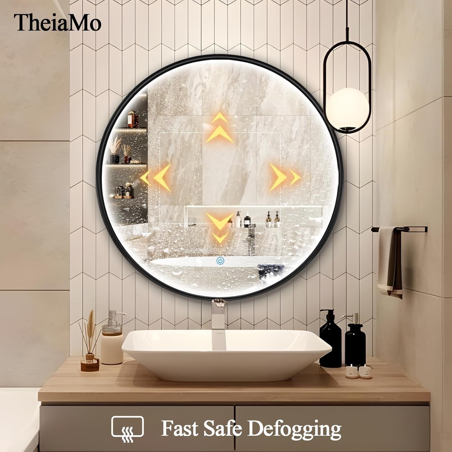 24 Inch round LED Bathroom Mirror, Circle Frame Recessed Light Strip Design Modern Vanity Mirror, Anti-Fog Smart Mirror with Stepless Color Temperature Adjustable 3000-6000K, Black