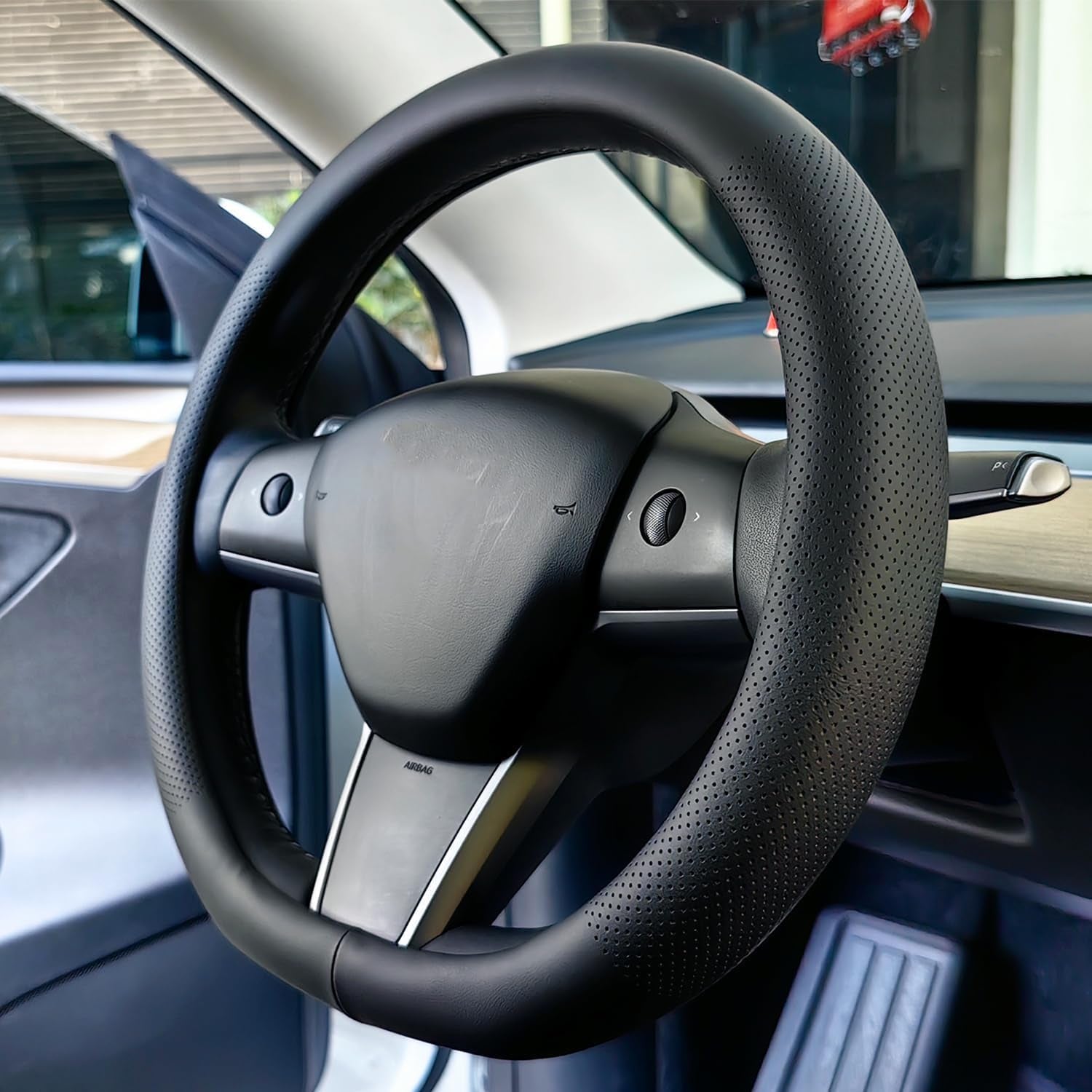 D-Shaped Car Steering Wheel Cover for Tesla Model Y Model 3 Plaid/Long Range 5/6/7 Seater Interior Accessories 2016-2020 2021 2022 2023 2024, Black Premium Leather (14-14 1/4 Inches)