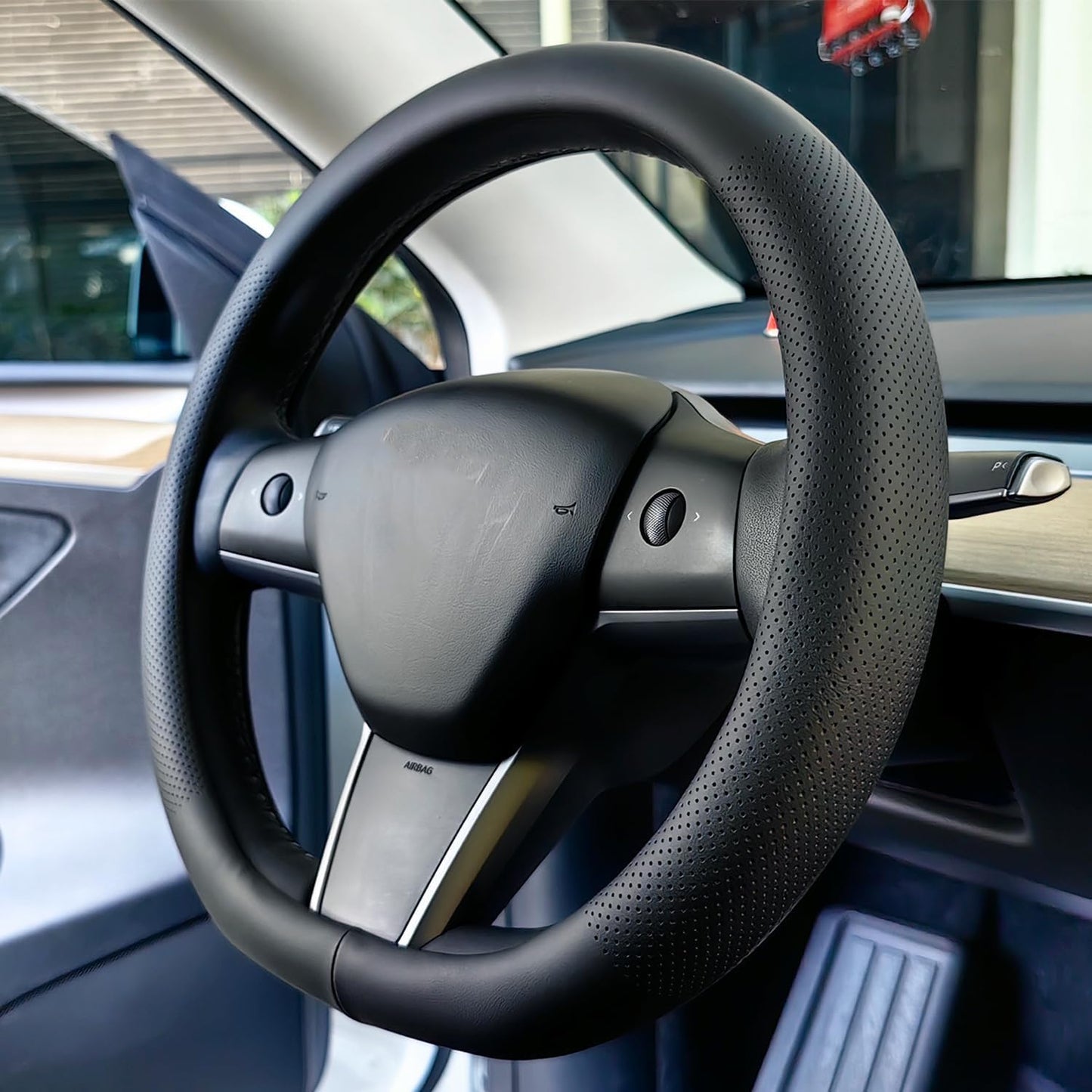 D-Shaped Car Steering Wheel Cover for Tesla Model Y Model 3 Plaid/Long Range 5/6/7 Seater Interior Accessories 2016-2020 2021 2022 2023 2024, Black Premium Leather (14-14 1/4 Inches)