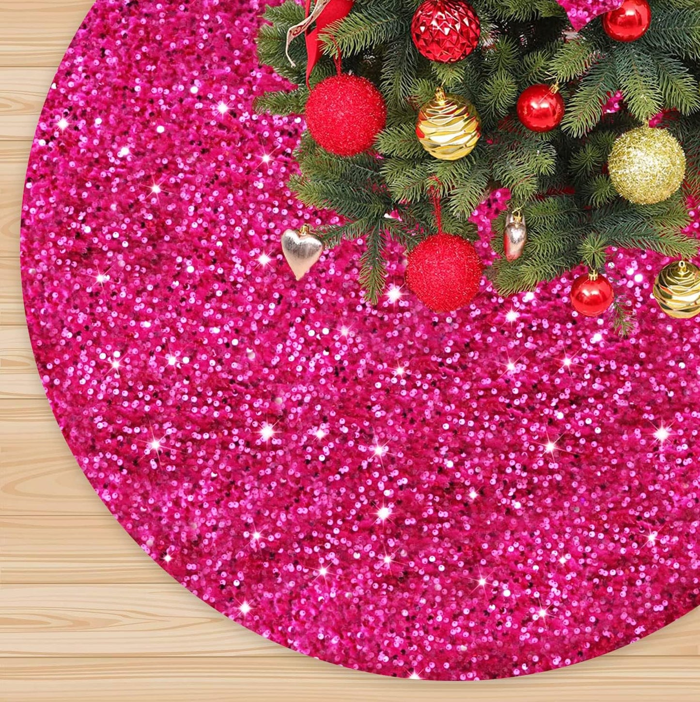Hot Pink Christmas Tree Skirt 46 Inch Sparkle Sequin Christmas Tree Skirt Fuchsia Xmas Tree Skirt for Thanksgiving Holiday with Embroidered Tree Cover Mat Shiny Tree Carpet Classic Tree Floor Mat