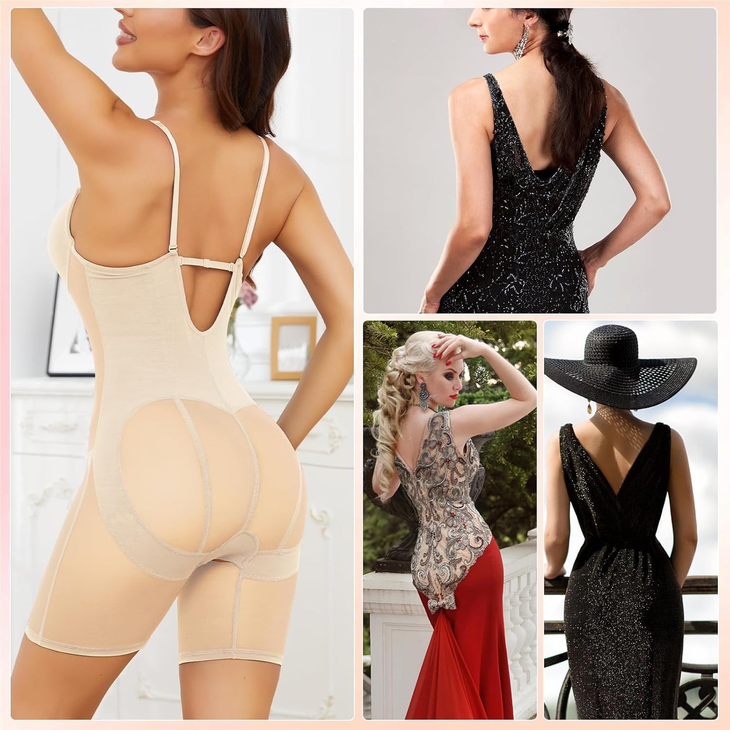 Body Shaper for Women Tummy Control U Plunge Backless Full Body Shapewear Mid Thigh Mesh Strapless Bodysuit Top