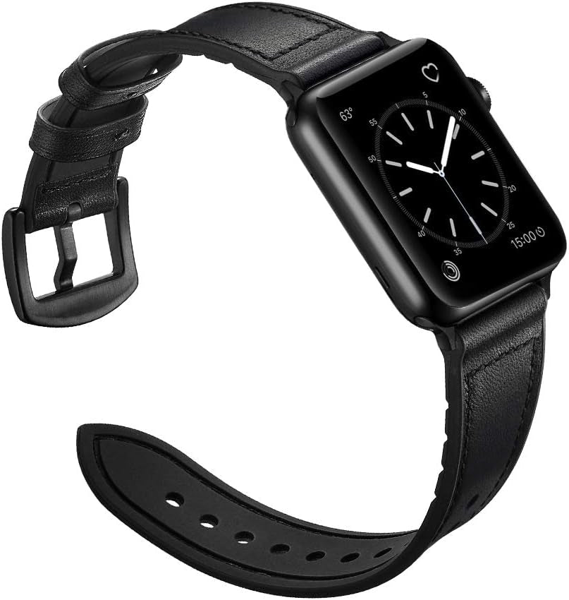 Compatible with Apple Watch Band 41Mm 40Mm 38Mm, Sweatproof Genuine Leather and Rubber Hybrid Band Strap Compatible with Iwatch Series 9 8 7 6 5 4 3 2 1 SE2 SE, Black Band with Black Adapter