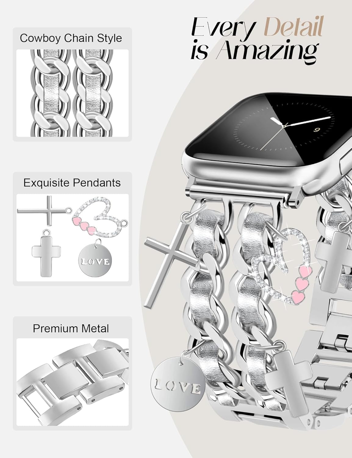 Sliver Charm Band Silver Bling Case Bundle Compatible with Apple Watch 38Mm 40Mm 41Mm 42Mm 44Mm 45Mm 46Mm 49Mm Women for Iwatch Series 10/9/8/7/6/5/4/3/2/1/Se/Ultra