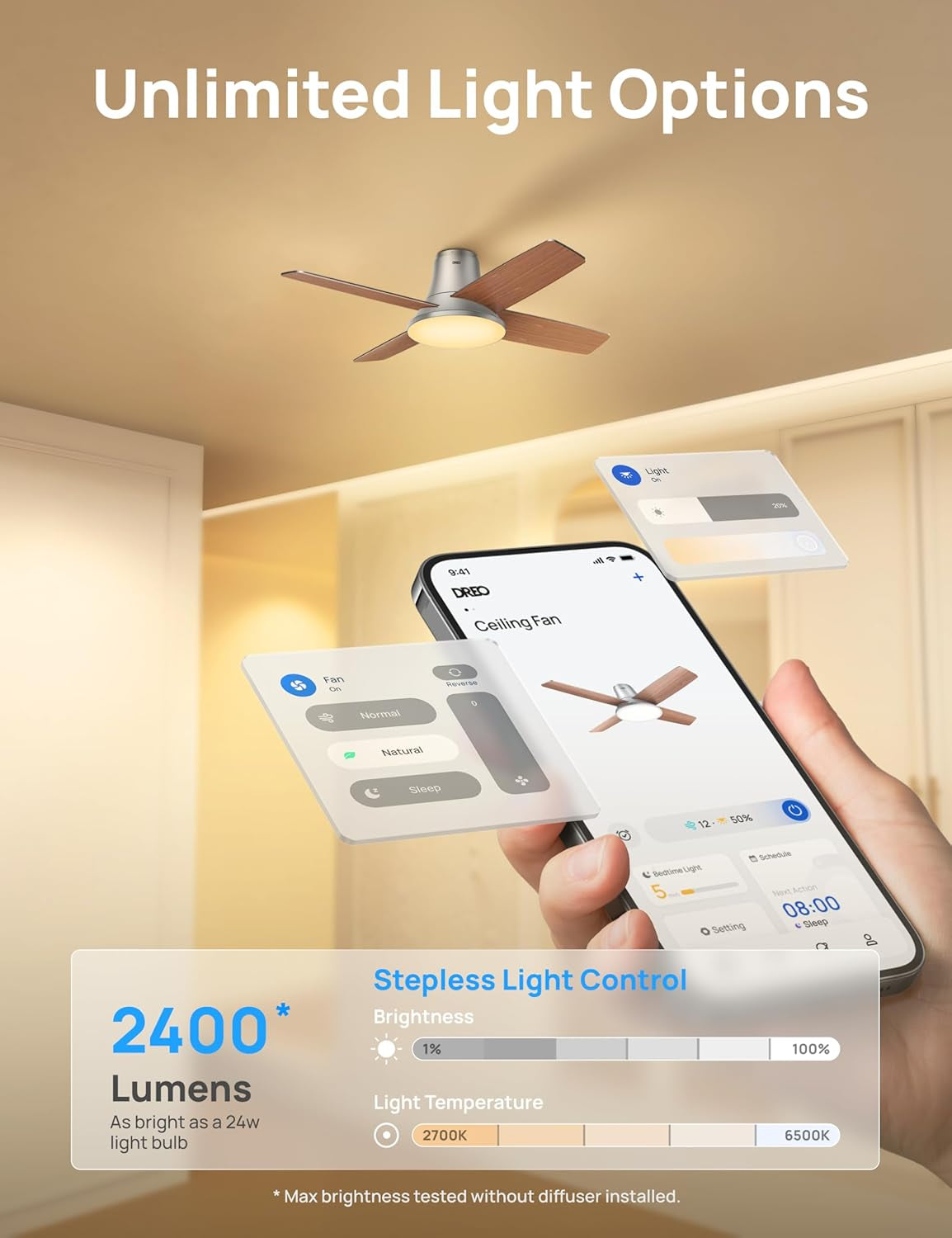 Smart Ceiling Fans with Lights and Remote, 12 Speeds & 3 Fan Modes, Quiet DC Motor, Easy to Install, Dimmable LED Ceiling Fans with App/Alexa Control, 12H Timer for Home, Indoor, Silver, 44''