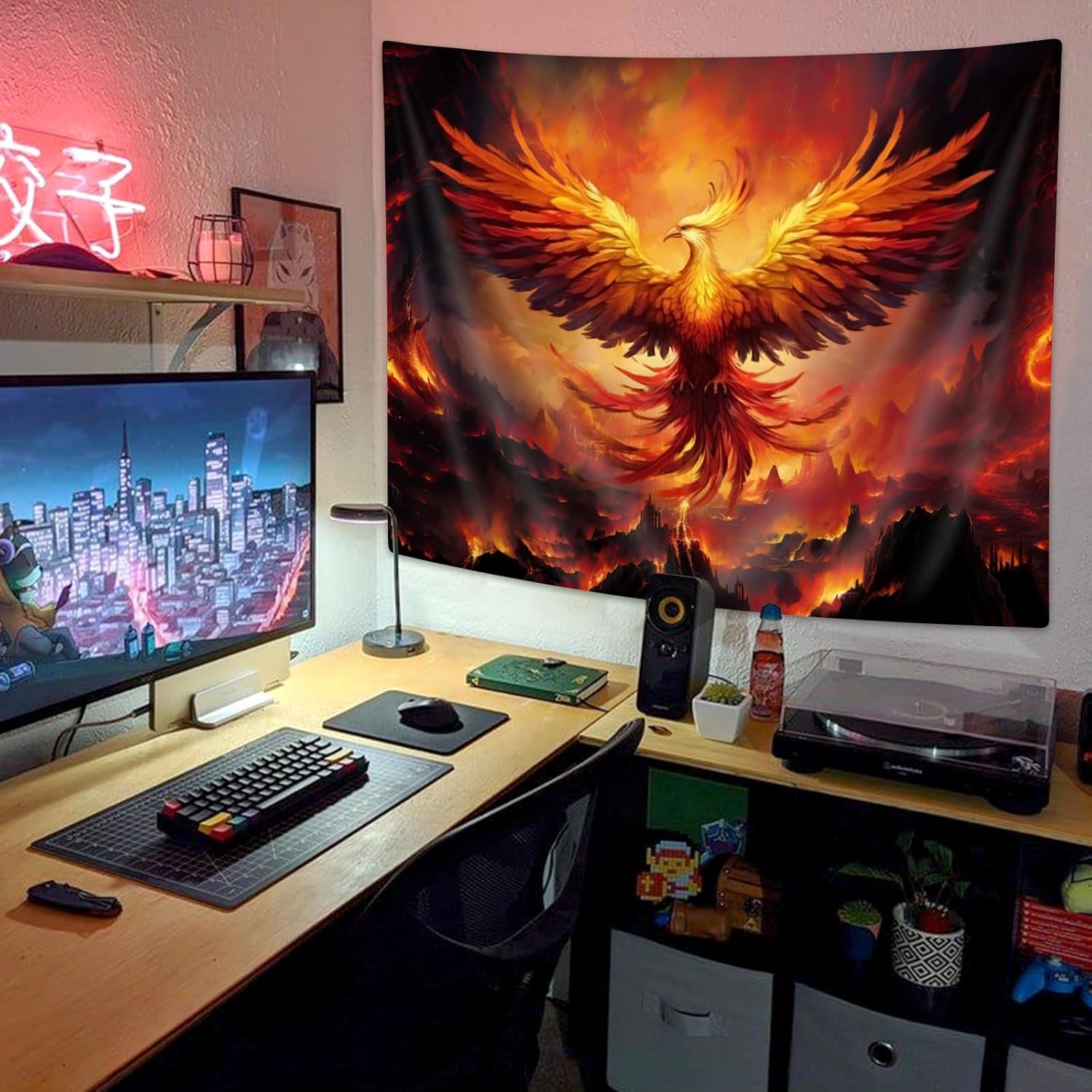 Fantasy Phoenix Bird Small Tapestry for Men, Red Anime Animal Hippie Tapestry Wall Hanging for Bedroom, Aesthetic Cool Tapestry Beach Blanket College Dorm Home Decor (60" W X 40" H)