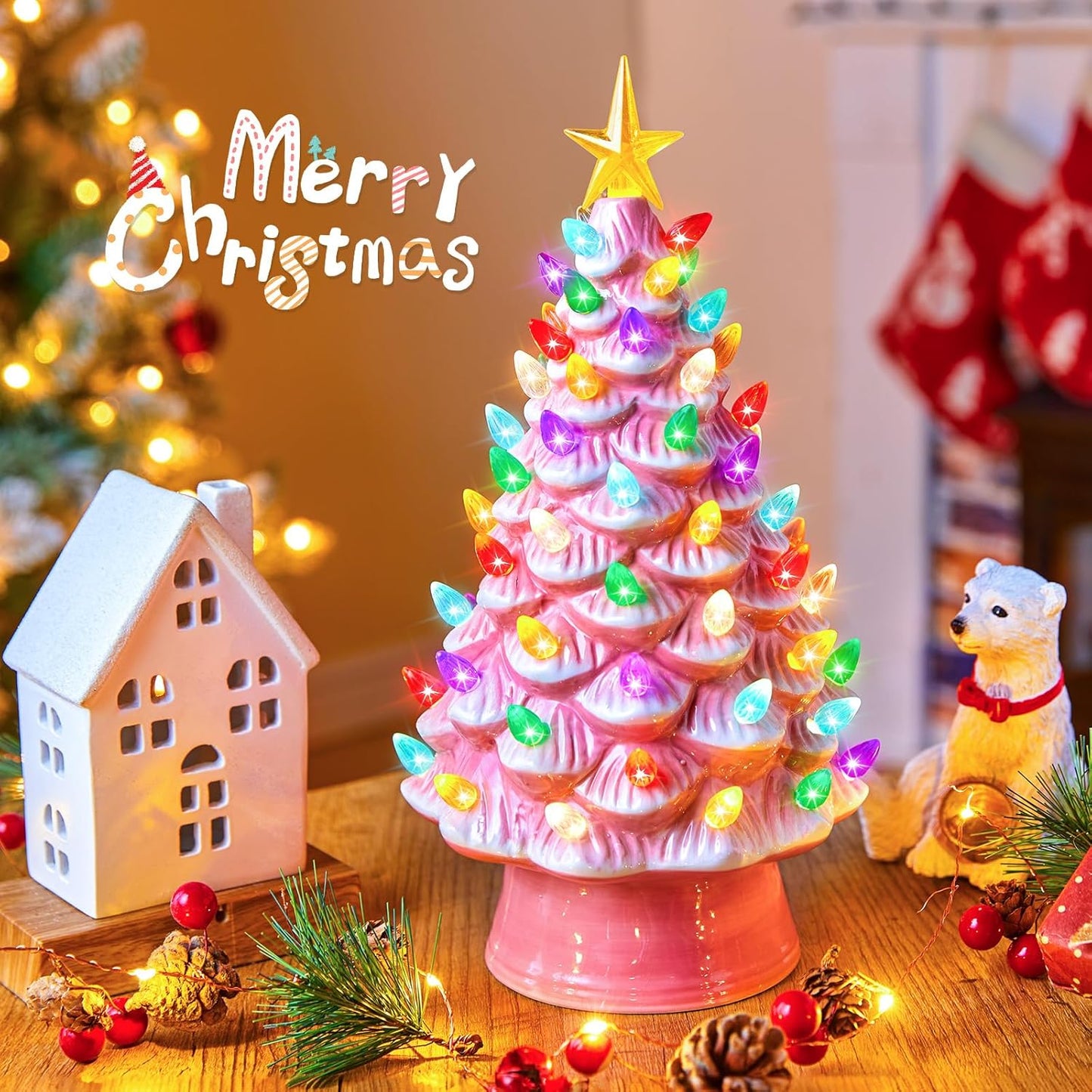 13 Inch Ceramic Christmas Tree, Pre-Lit Tabletop Christmas Tree with Multicolored LED Lights and Star, Battery Operated Valentine'S Day Lighted Ceramic Tree for Home Table Holiday Decorations