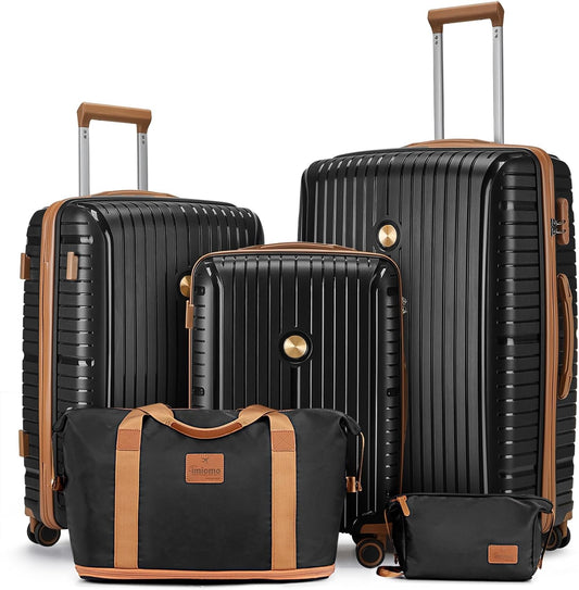 Luggage Sets 5 Piece Suitcase Set, PP Hardshell Carry on Suitcase Set, Travel Suitcases with Double Spinner Wheels and TSA Lock, Black Brown