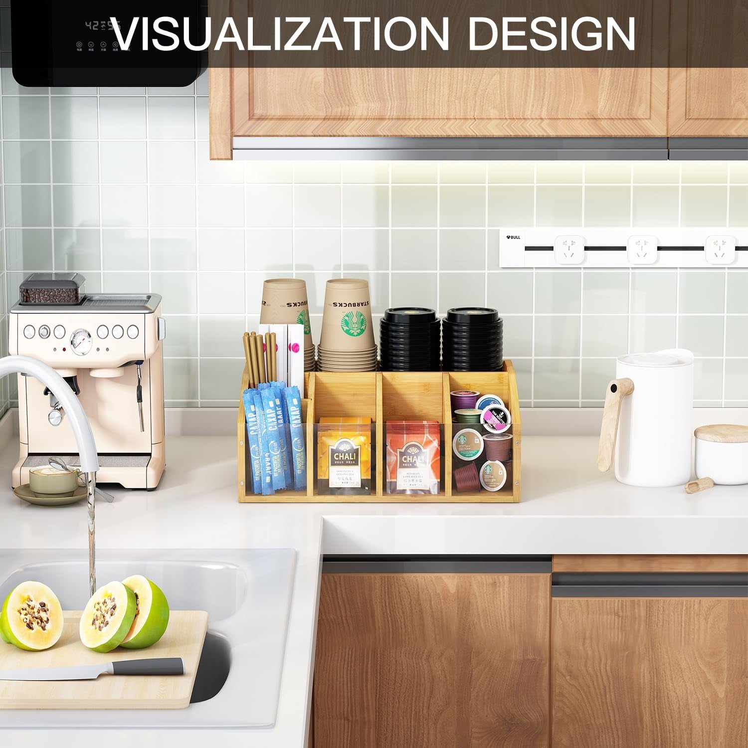 Coffee Station Organizer Coffee Bar Organizer for Countertop Farmhouse Coffee Caddy with Removable Dividers Office Coffee Bar Accessories and Organizer for Coffee Pods, Syrup, Cups, and Stirrer