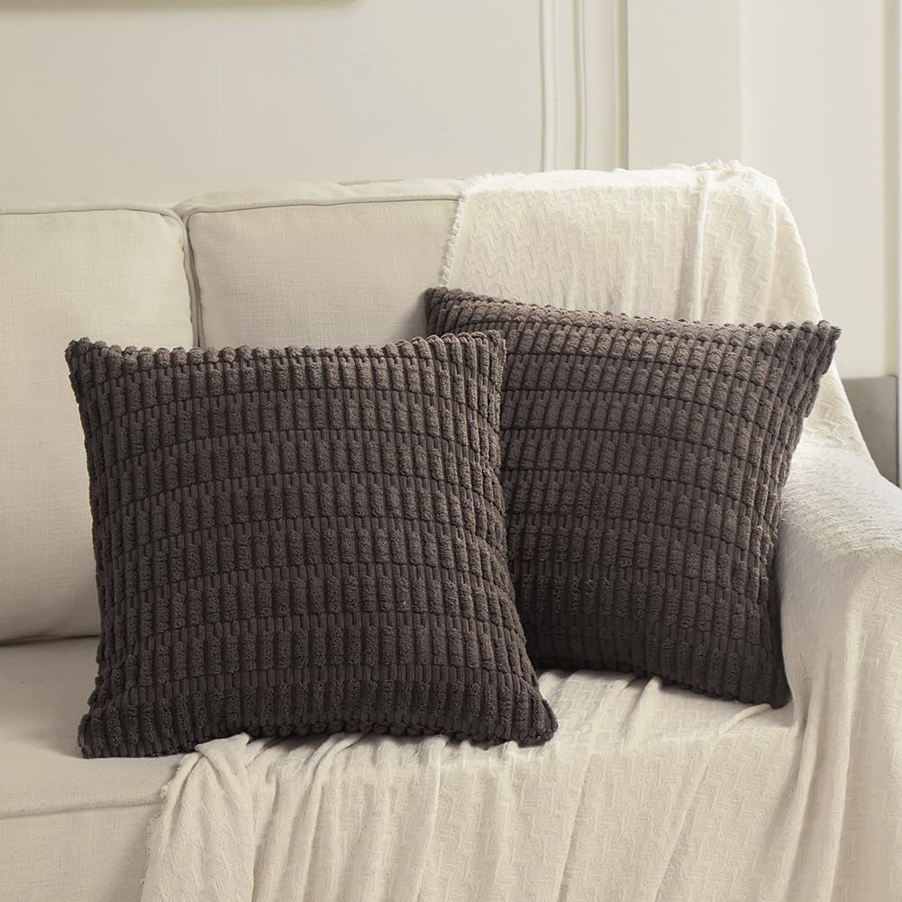 4 Packs Boho Dark Brown Decorative Throw Pillow Covers 18X18 Inch for Living Room Couch Bed Sofa, Rustic Modern Farmhouse Home Decor, Soft Plush Corduroy Cute Square Cushion Case 45X45 Cm