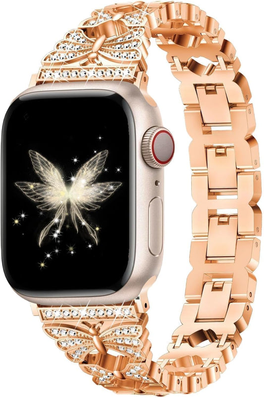 Butterfly Band Compatible with Apple Watch 42Mm 44Mm 45Mm for Women, for Apple Watch Models Ultra2/Se/9/8/7/6/5/4/3/2/1, Rose Gold