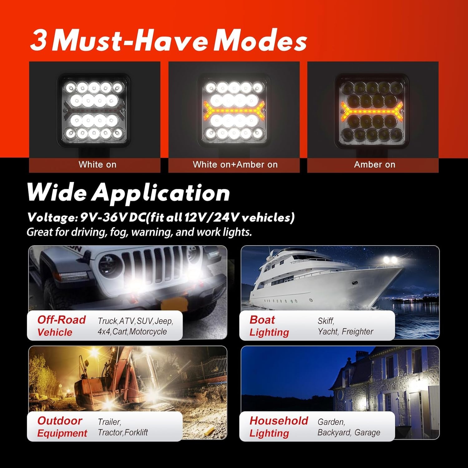 LED Light Pods Bar 4 Inch 30000LM 60W Square Spot Flood Amber White Driving Offroad Fog Work Backup Bumper for Truck Jeep ATV UTV SUV Tractor Motorcycle 4X4 Cart Trailer Boat Waterproof 2PCS