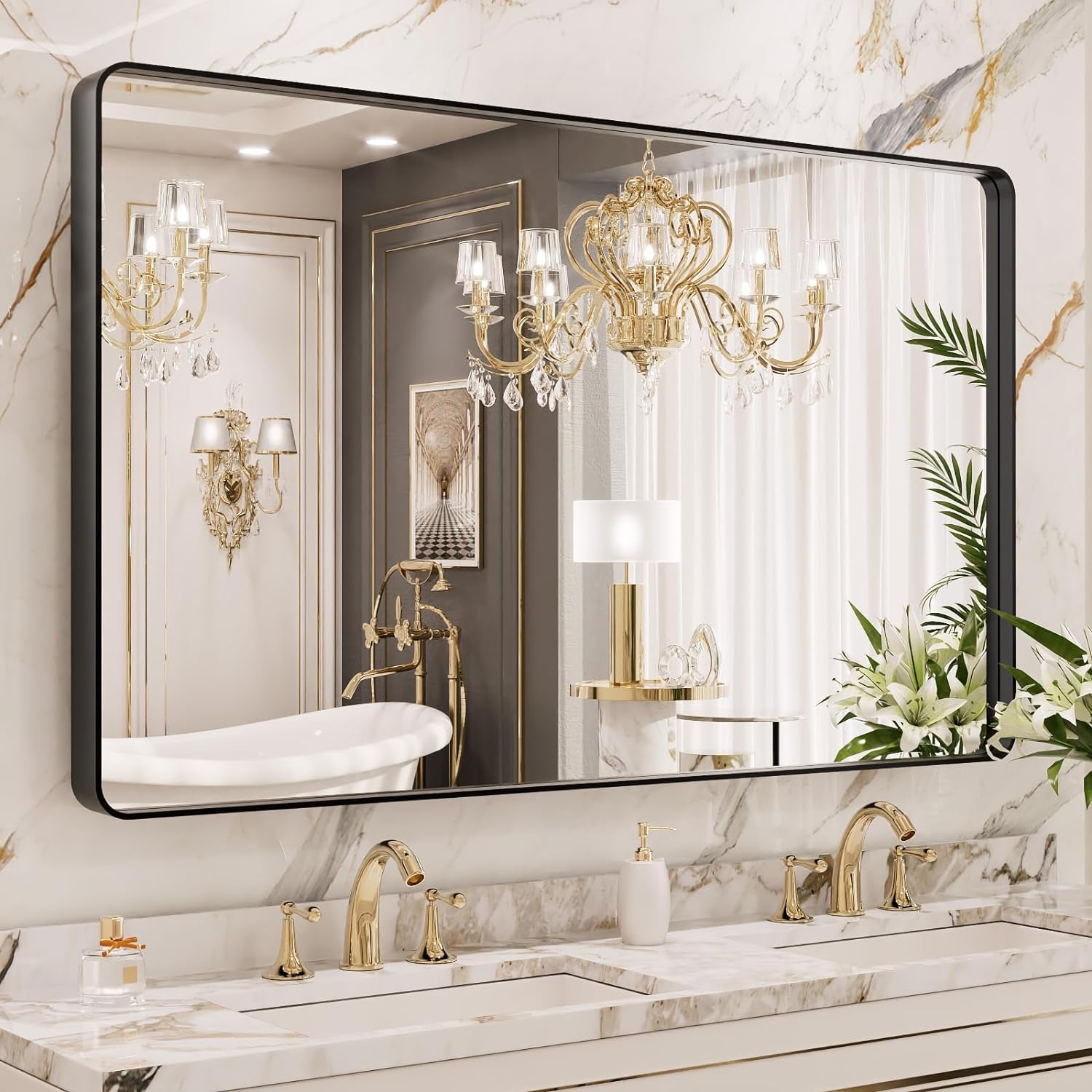 50X30 Inch Black Metal Framed Bathroom Mirror for Wall, Matte Black Bathroom Vanity Mirror Farmhouse, Large Rounded Rectangle Mirror, Anti-Rust, Tempered Glass, Hangs Horizontally or Vertically