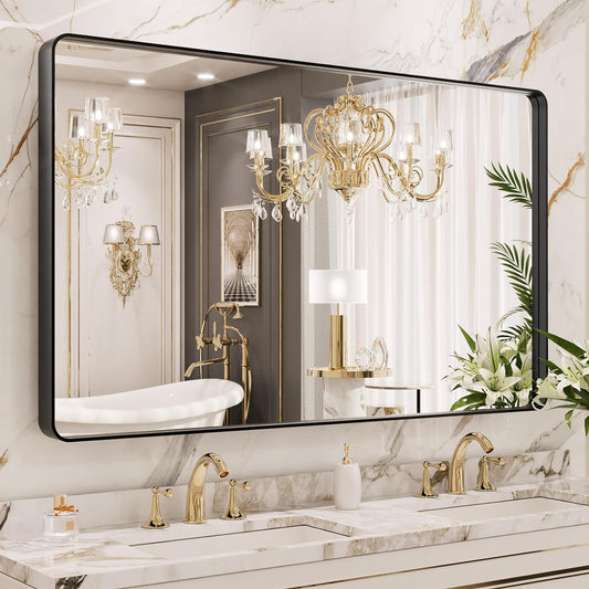 50X30 Inch Black Metal Framed Bathroom Mirror for Wall, Matte Black Bathroom Vanity Mirror Farmhouse, Large Rounded Rectangle Mirror, Anti-Rust, Tempered Glass, Hangs Horizontally or Vertically
