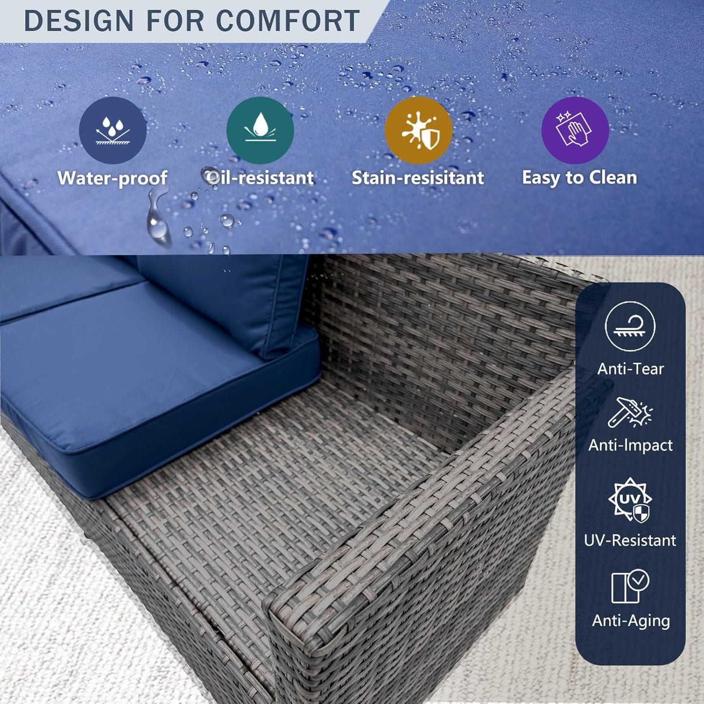 7 Piece Outdoor Furniture Set, PE Rattan Patio Conversation Set, Outdoor Sectional Furniture Sofa Set with Thick Cushions and Coffee Table, Navy Blue