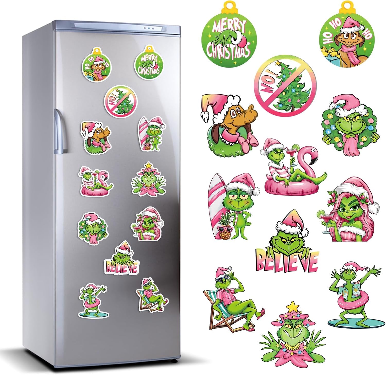 12 PCS Christmas Cartoon Refrigerator Magnets Decoration, Pink Xmas Tree Max Dog Fridge Car Garage Door Magnetic Stickers, Winter Funny Holiday Waterproof Dishwasher Decals Home Kitchen Decor