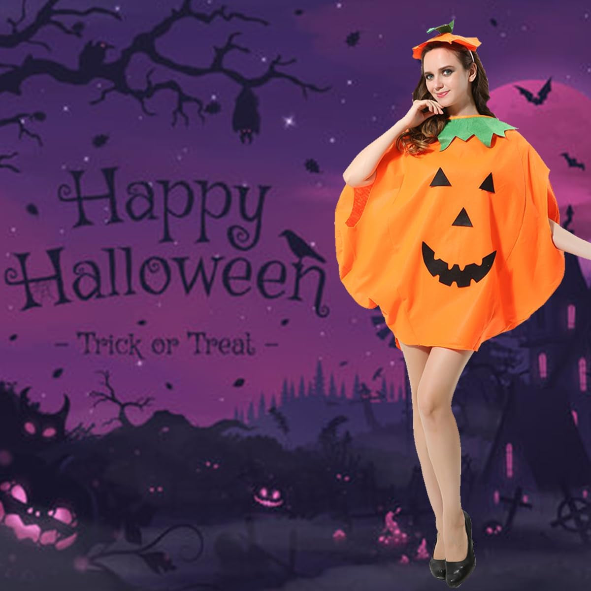 Adult Pumpkin Costume,3Pcs Halloween Unisex Pumpkin Cosplay Party Clothes with a Hat,A Bag