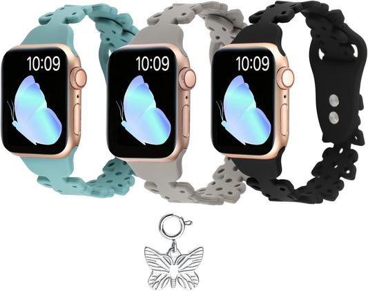 Silicone Band Compatible with Apple Watch Bands 40Mm 44Mm 41Mm 45Mm 38Mm 42Mm Women Thin Slim Hollow-Out Metal Butterfly Charms Accessories Sport Strap Replacement Wristbands for Iwatch SE Series8 7 6 5 4 3 2 1