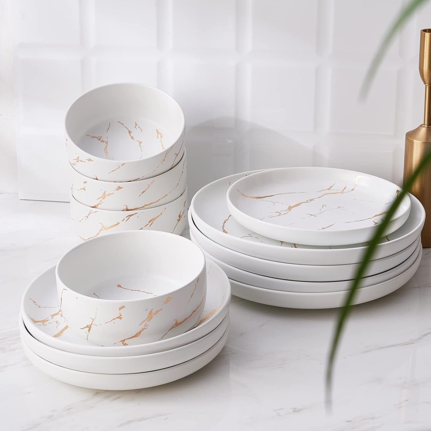 Gold Splash Dinnerware Sets, 12 Pieces Plates and Bowls Sets, Modern Marble Porcelain, Dishes Set for 4, White