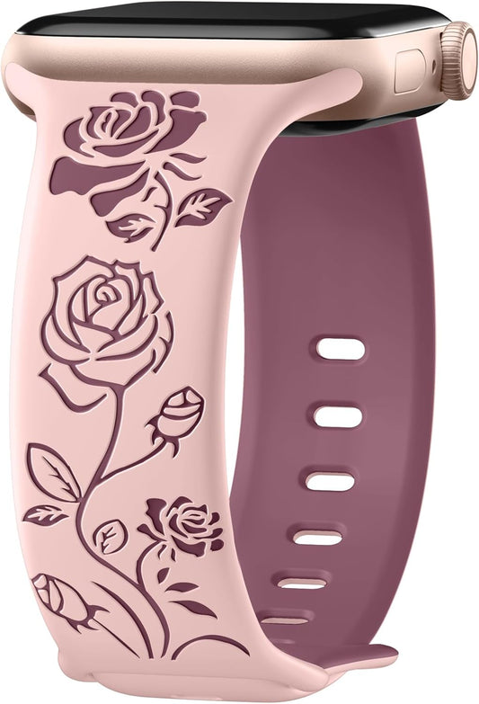 Floral Engraved Band Compatible with Apple Watch Bands 40Mm 41Mm 38Mm 44Mm 45Mm 42Mm 49Mm Women, Cute Two Tone Flower Soft Silicone Sport Strap for Iwatch Series 9 8 7 6 5 4 3 2 1 SE Ultra 2