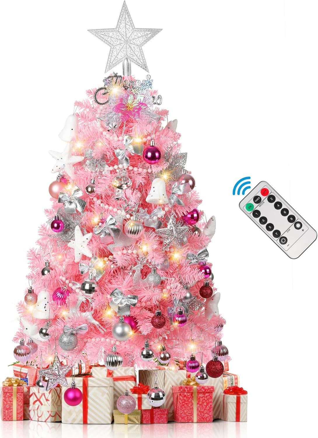 3FT Pink Christmas Tree, Small Tabletop Christmas Tree with 80 LED Lights, Mini Artificial Prelit Christmas Tree, 200 Lifelike Branches, 110 Ornaments, Pink Christmas Decorations for Home