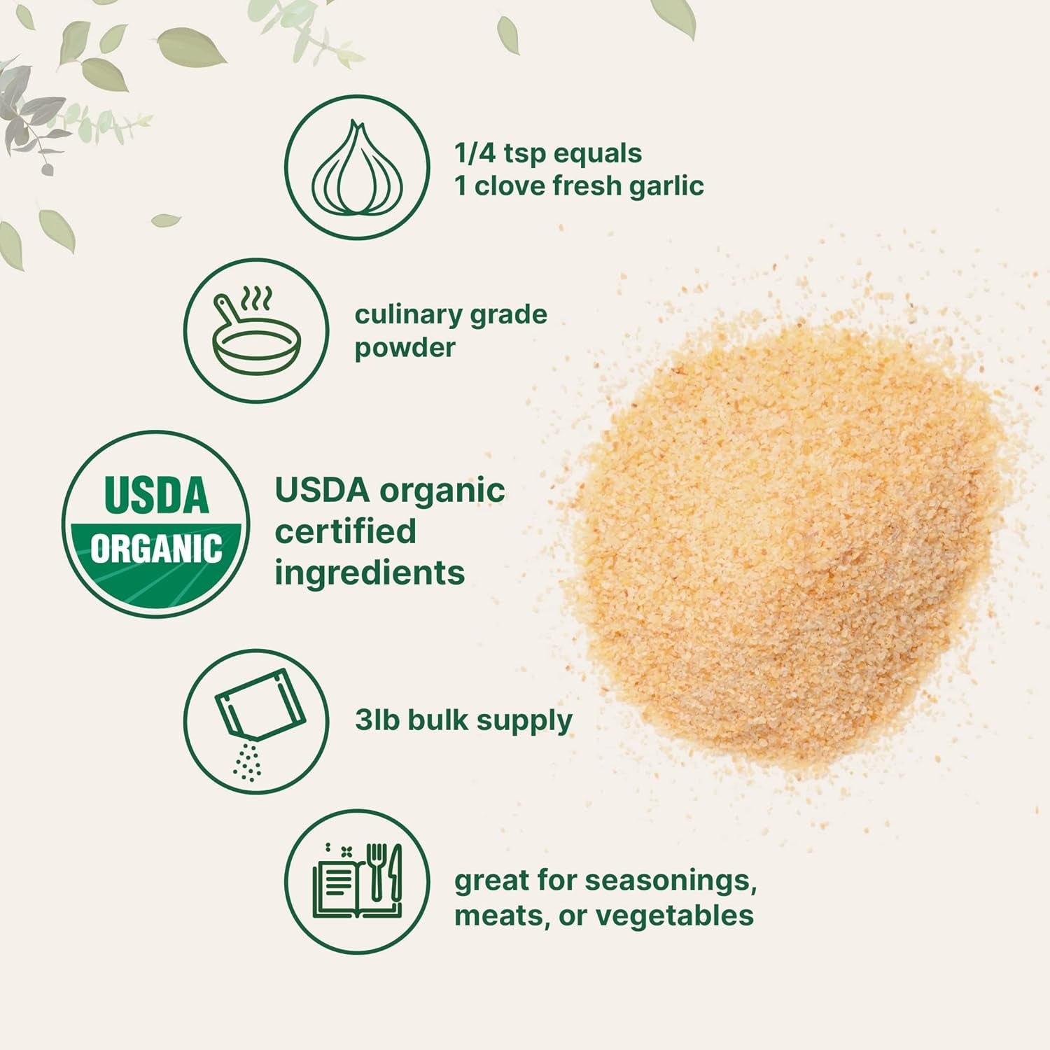 Organic Garlic Powder, 3Lbs | Premium Source from Harvested Raw Allium Sativum Bulb |Culinary Grade | Great for Seasonings, Meats & Vegetables | Additive Free, Non-Gmo, Bulk Supply TLBH