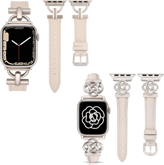 2 Packs Leather Band Compatible with Apple Watch Band Women 38/40/41/42/44/45/46/49Mm, Dressy Fancy Leather Strap for Iwatch Bands Series 10 9 8 7 6 5 4 3 2 1 SE Ultra